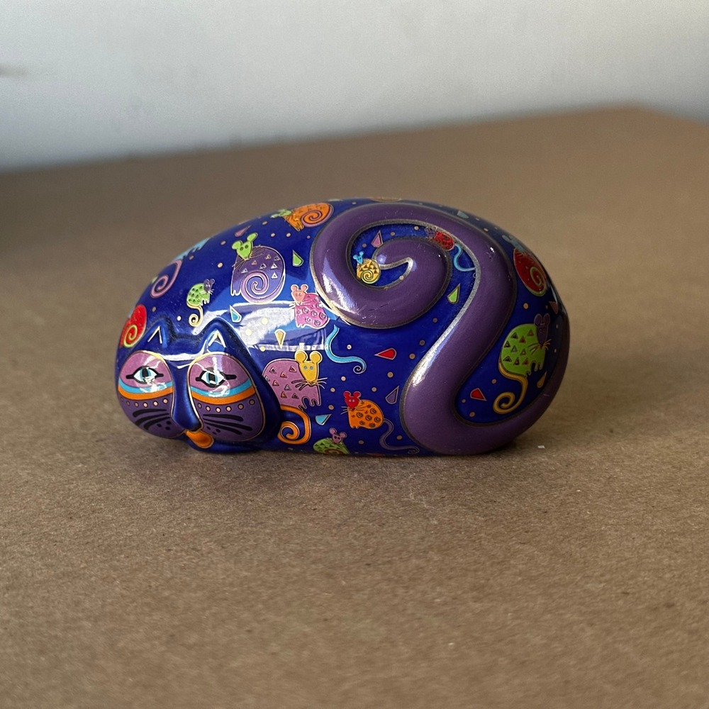 Laurel Burch Indigo Cat Figurine Blue Purple Mouse Pattern Collectible Ceramic